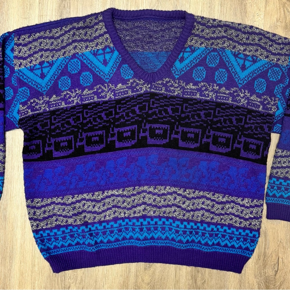 Vintage 90s Geometric‎ Knit V-Neck Sweater Men’s L